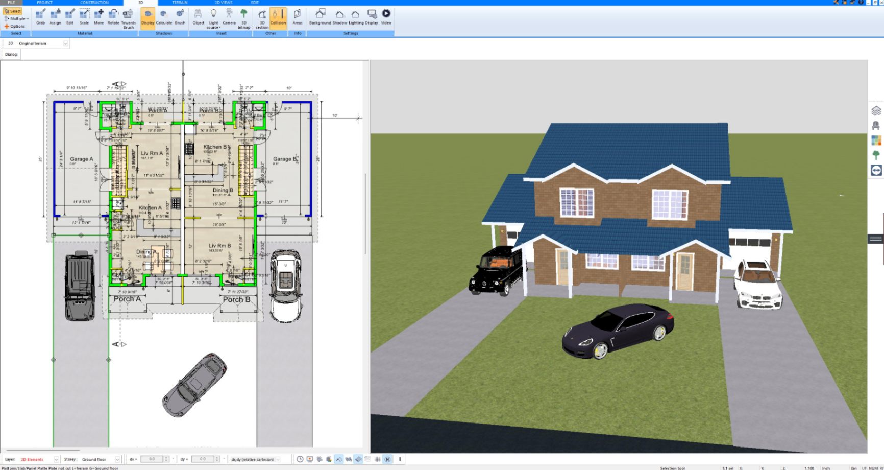 Two-story brick house with blue roof and driveway designed in Plan7Architect, view 9