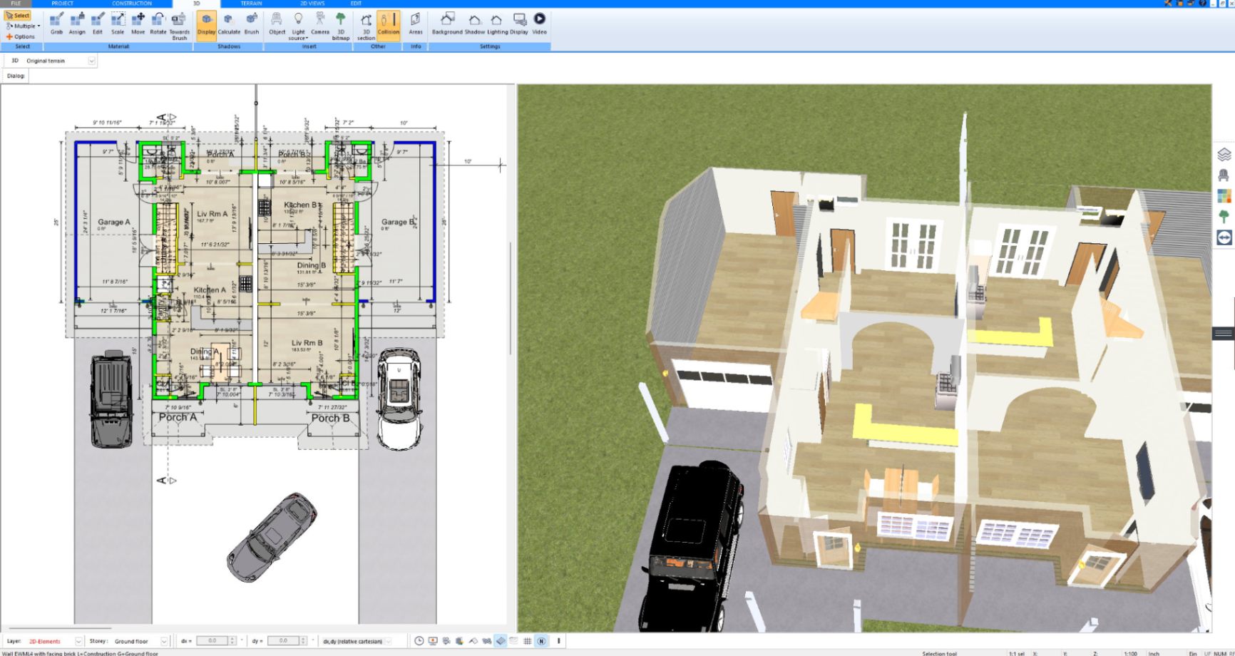 Two-story house interior in 3D with room layout created in Plan7Architect