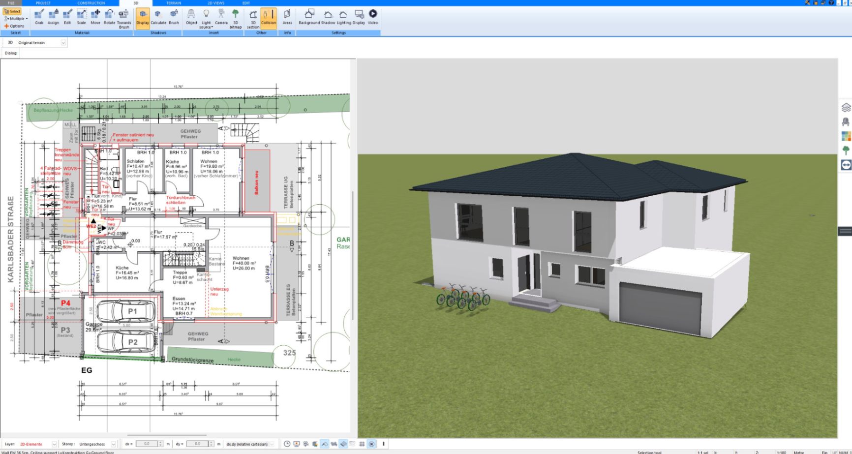Two-story house with attached garage designed in 2D and 3D with Plan7Architect