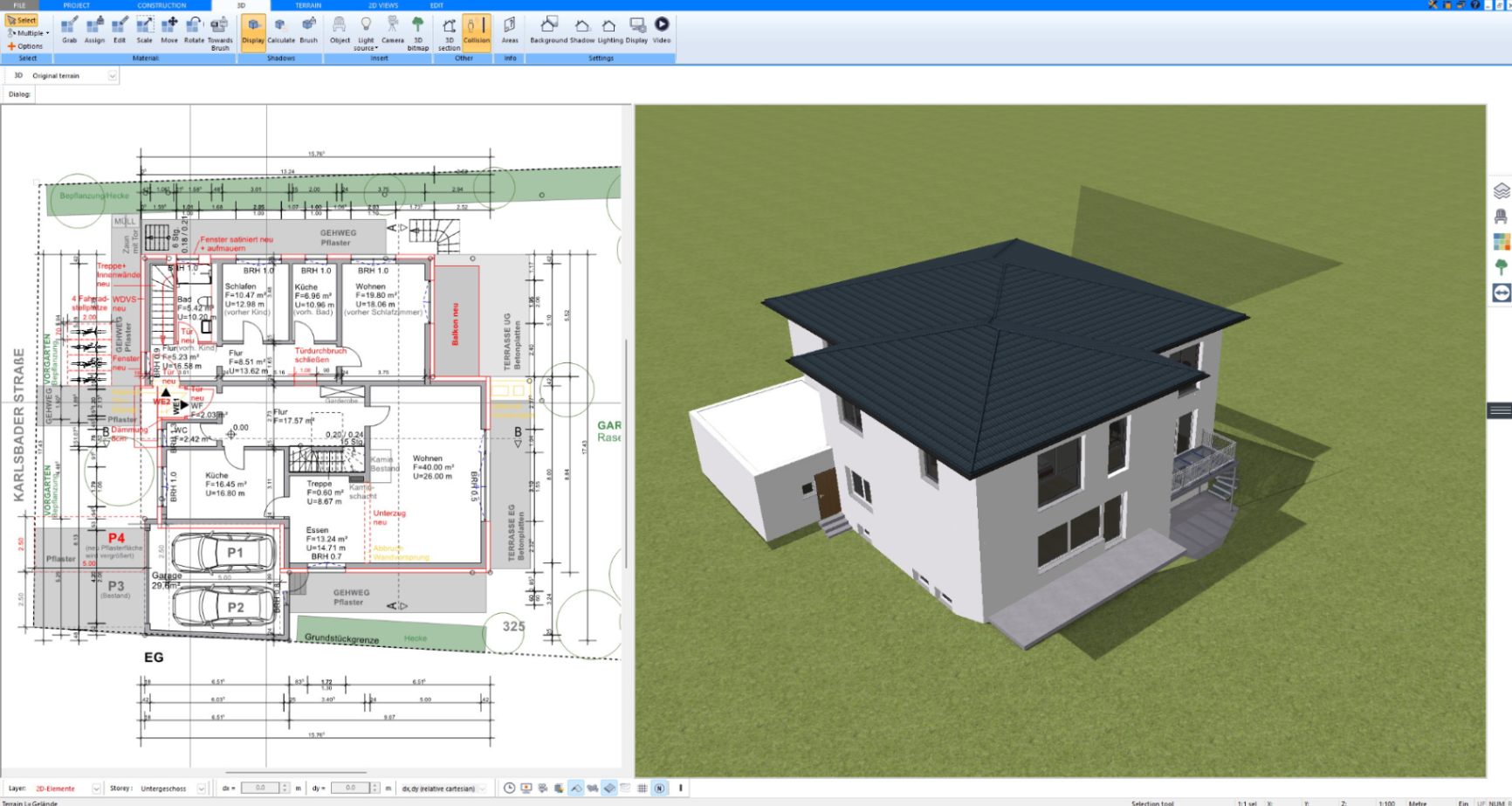 Two-story house with hip roof and attached garage designed in Plan7Architect, aerial view