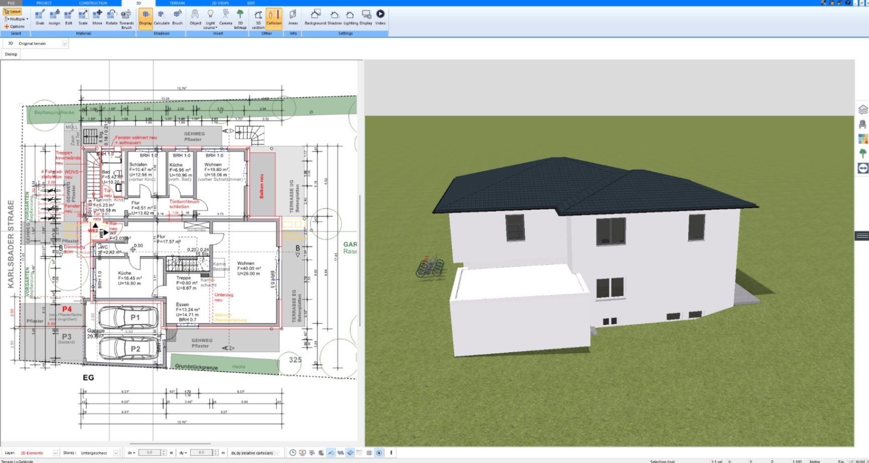 Two-story house with hip roof and attached garage designed in Plan7Architect, corner view