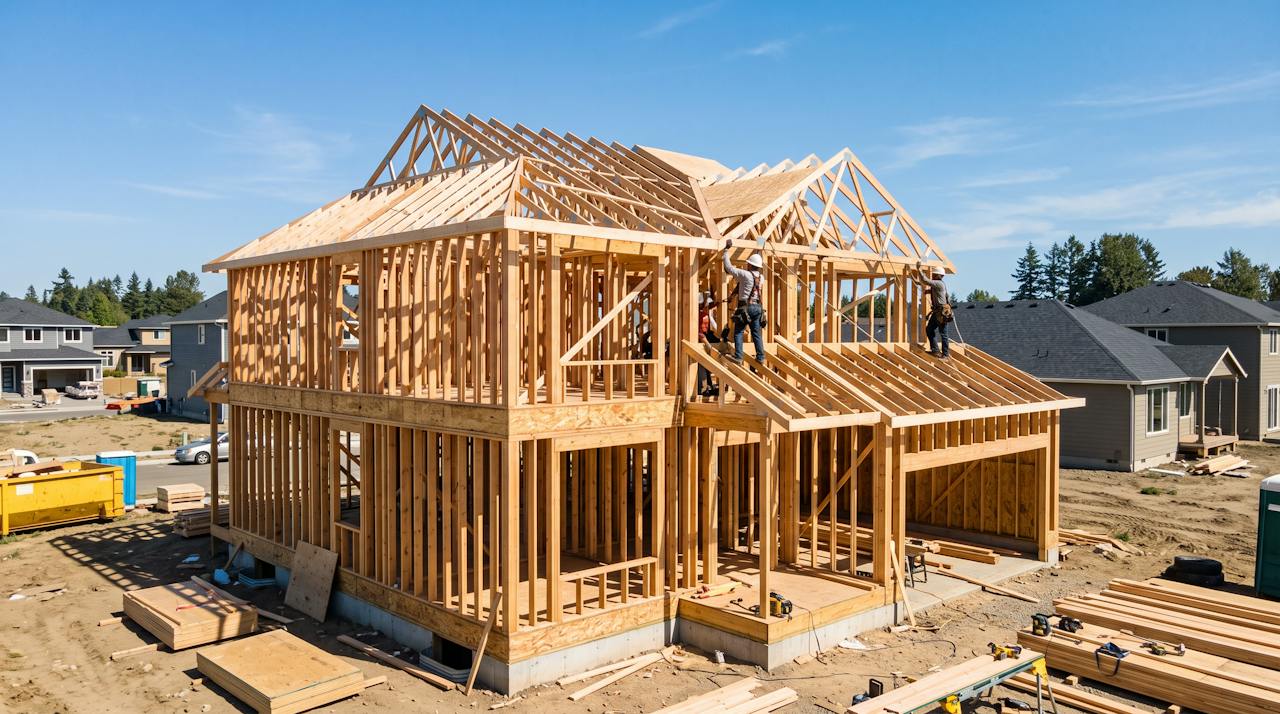 Wood-framed house under construction with wall studs and roof trusses
