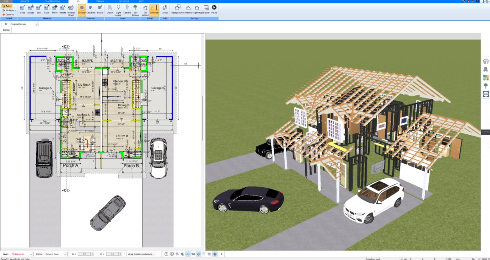Wood framing of a two-story house shown in 3D in Plan7Architect