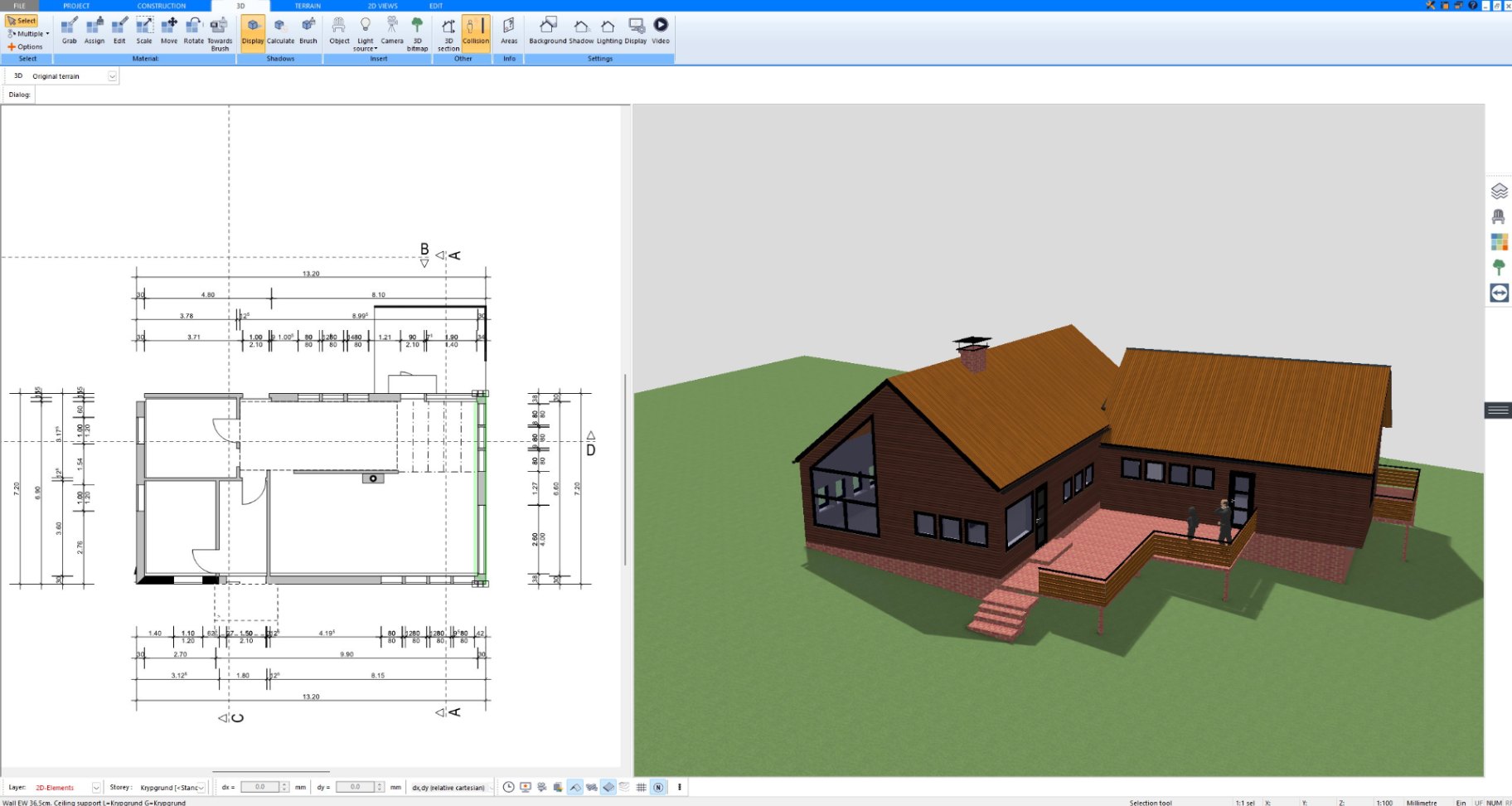 Wooden house with gable roofs and deck designed with Plan7Architect