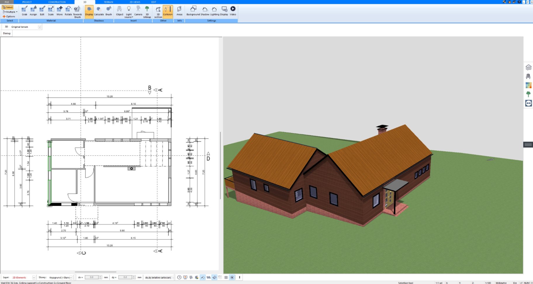 Wooden ranch house with deck designed in 2D and 3D with Plan7Architect