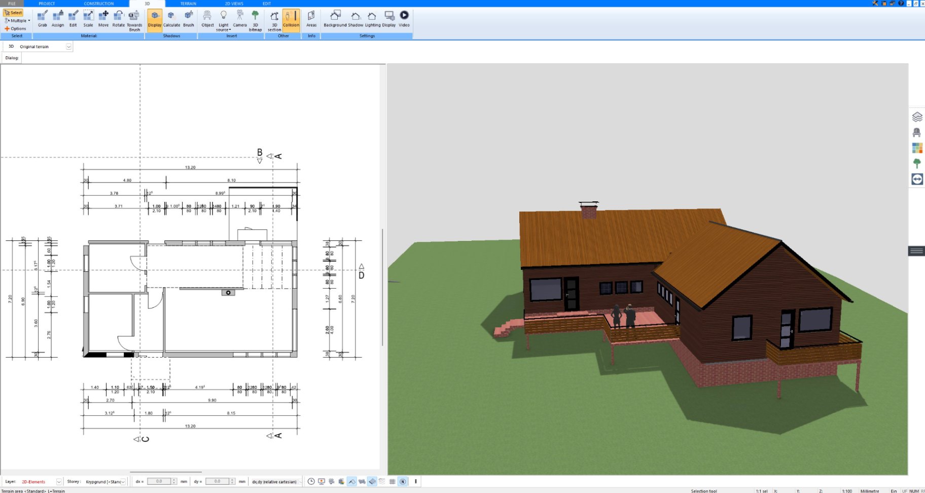 Wooden ranch house with large deck designed in Plan7Architect, rear view